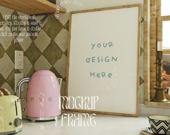 Kitchen Poster Mockup: Vertical Wood Frame (PSD)