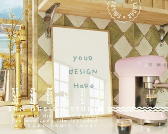 Kitchen Poster Frame Mockup: Vertical Wood Frame (PSD & JPEG)