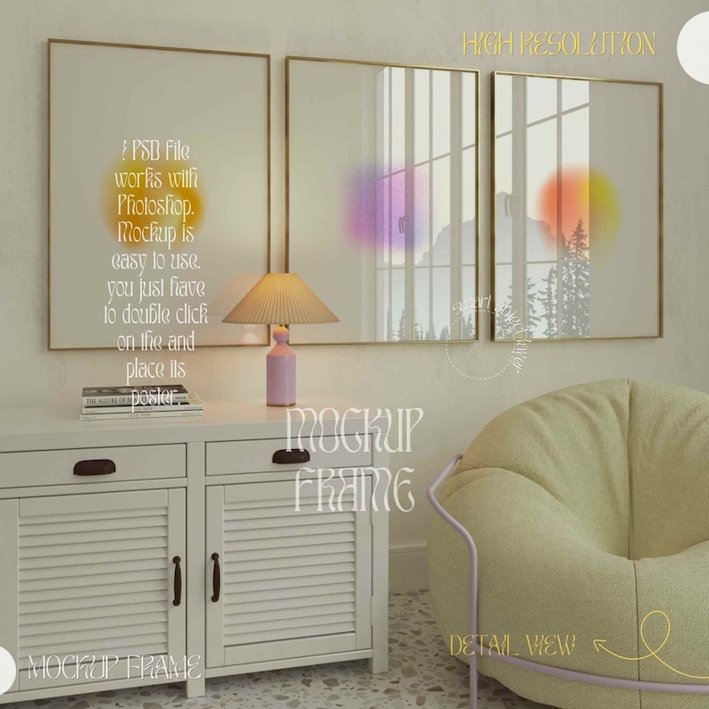 May include: Three gold-framed art mockups with abstract colorful designs. A white cabinet with a lamp and a beanbag chair are in the foreground. The text "PSB File works with Photoshop. Mockup is easy to use" is visible.