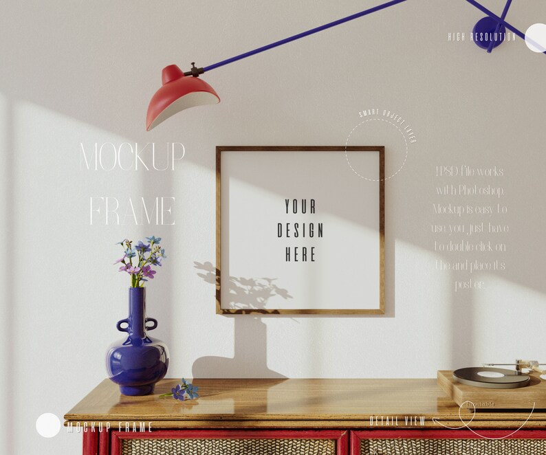 May include: A wooden frame mockup with a light brown frame and a white background. The text "YOUR DESIGN HERE" is visible in the frame. The frame is on a wooden table with a blue vase with flowers and a record player.