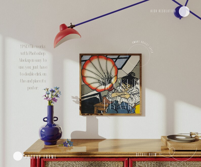 May include: A framed illustration of a person sitting in front of a large, red and white, vintage gramophone. The illustration is in a wooden frame with a white mat. The frame is hanging on a white wall.