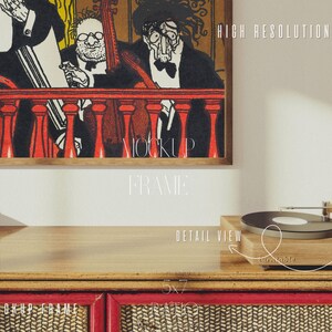 May include: A framed illustration of three men playing musical instruments. The frame is made of wood and has a simple design. The illustration is in a vintage style and features a red, white, and black color scheme. The image also shows a wooden record player with a black vinyl record on the turntable. The record player is sitting on a wooden shelf with a red and brown patterned surface. The text "HIGH RESOLUTION" is visible in the upper right corner of the image.