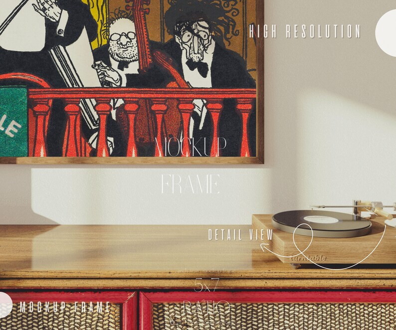 May include: A framed illustration of three men playing musical instruments. The frame is made of wood and has a simple design. The illustration is in a vintage style and features a red, white, and black color scheme. The image also shows a wooden record player with a black vinyl record on the turntable. The record player is sitting on a wooden shelf with a red and brown patterned surface. The text "HIGH RESOLUTION" is visible in the upper right corner of the image.