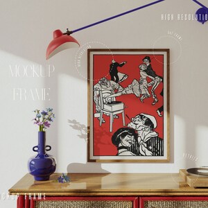 May include: A wooden frame with a red background and a black and white illustration of people dancing. The frame is on a wooden table with a record player and a vase of flowers.