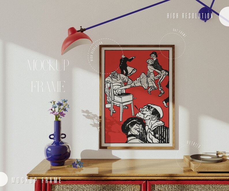 May include: A wooden frame with a red background and a black and white illustration of people dancing. The frame is on a wooden table with a record player and a vase of flowers.
