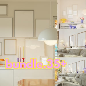Puede incluir: Un diseño de interior de sala de estar con un techo blanco, paredes blancas y una lámpara colgante redonda blanca. La sala cuenta con un sofá blanco, una mesa de centro blanca y una mesa auxiliar blanca. Las paredes están decoradas con obras de arte enmarcadas y un gran espejo redondo blanco. La sala está decorada con velas y plantas. El texto "bundle.35+ " es visible en la imagen.