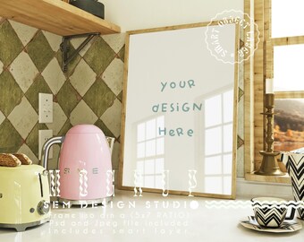 Kitchen Poster Frame Mockup: Vertical Wood Frame (PSD & JPEG)