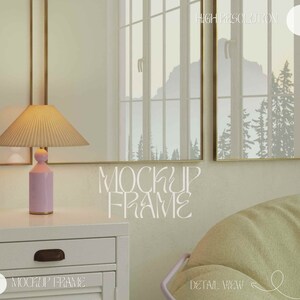 May include: A room interior with a white nightstand, a pink lamp, and a window with a mountain and tree scene. The text "MOCKUP FRAME" is displayed on the wall. The lamp has a pleated shade and a pink base. The window has a gold frame.