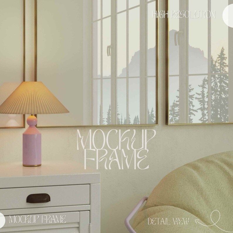 May include: A room interior with a white nightstand, a pink lamp, and a window with a mountain and tree scene. The text "MOCKUP FRAME" is displayed on the wall. The lamp has a pleated shade and a pink base. The window has a gold frame.