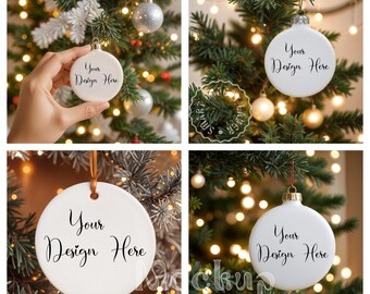 Christmas Ornament Mockup, Bundle Circle Ornament Mockup, White Ceramic Ornament Mockup