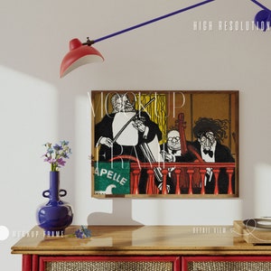May include: A framed illustration of three musicians playing instruments. The musicians are drawn in black and white and are set against a yellow and brown background. The frame is made of wood and has a brown finish. The illustration is titled "Mockup Frame".