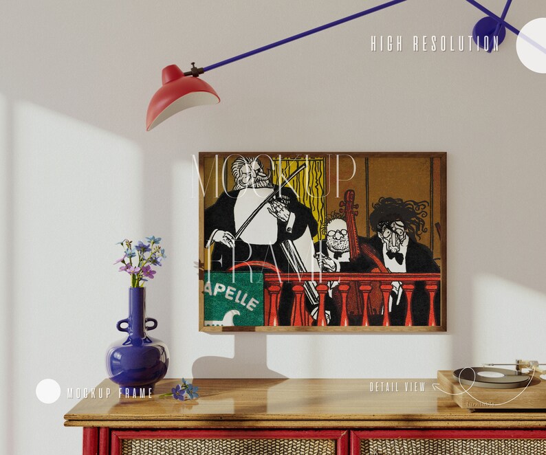 May include: A framed illustration of three musicians playing instruments. The musicians are drawn in black and white and are set against a yellow and brown background. The frame is made of wood and has a brown finish. The illustration is titled "Mockup Frame".