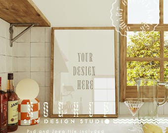 Kitchen Poster Mockup: Vertical Wood Frame (PSD & JPEG)