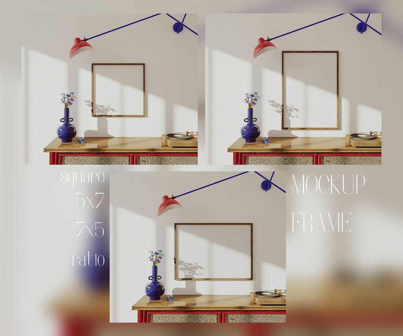 May include: Three mock-up frames with a square 5x5 ratio, each with a wooden frame and a white background. The frames are hanging on a white wall with a blue lamp and a vase of flowers in front of each frame. The frames are sitting on a wooden table with a red and brown patterned surface.
