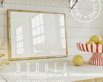 Kitchen Poster Frame Mockup: Vertical Wood Frame (PSD & JPEG)