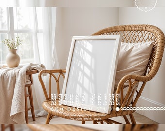 White frame mockup, Vertical Wood Frame Mockup, White Frame Wallart, Glass reflection mockup, modern print mockup, PSD mockup