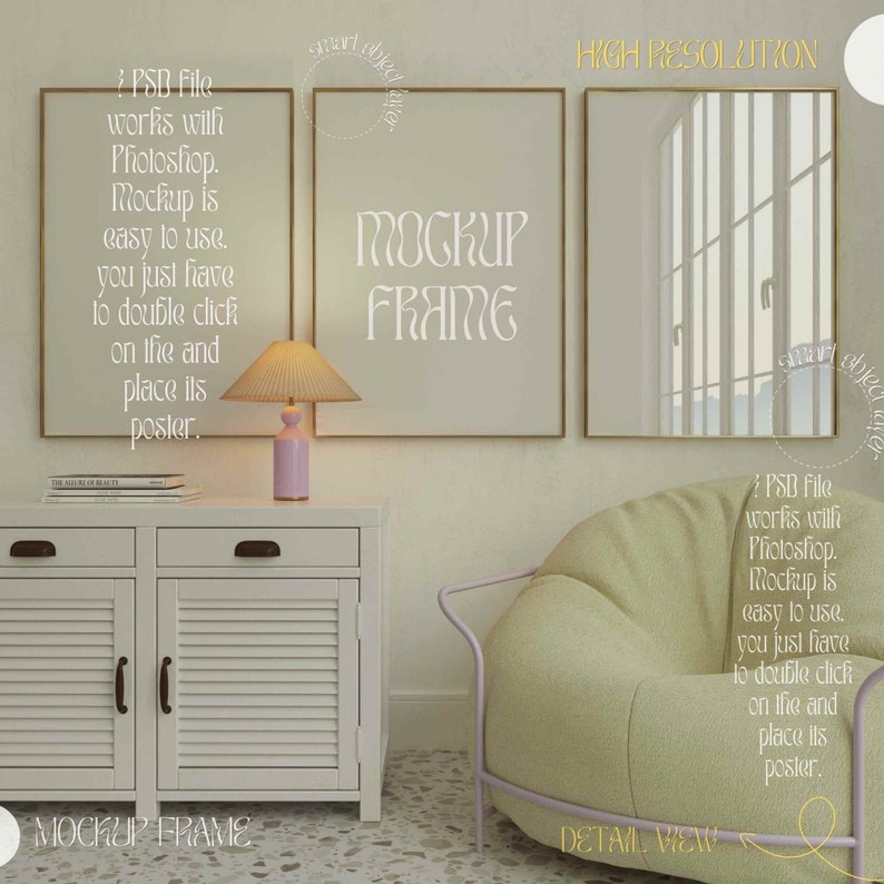 May include: A mockup frame with gold trim is displayed on a wall. The text "MOCKUP FRAME" is visible on the center frame. A lamp with a pink base and a beige shade sits on a white cabinet. A light green chair is in the foreground.