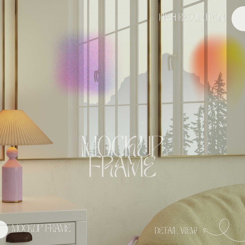 May include: A mockup frame with a gold border, displaying a window view with mountains and trees. The text "MOCKUP FRAME" is overlaid on the image. A pink lamp and a white nightstand are in the foreground.