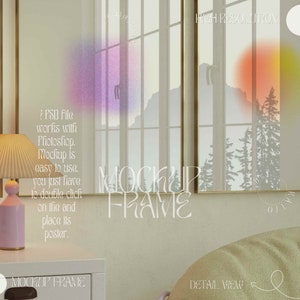 May include: A mockup frame with a gold border, displaying a window view with a mountain and tree silhouette. The text "MOCKUP FRAME" is overlaid on the image. Additional text includes "HIGH RESOLUTION" and instructions for use.