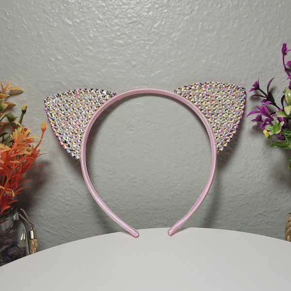 Blinged Child's Cat Ear Headband Pink Kids Cat Ears Bling Hair Accessory Costume Adult Cosplay Accessories Bedazzled Pink Head Band Dress Up