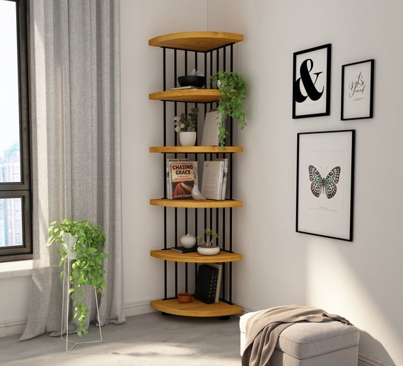 Solid Wood Corner Bookshelf , Small Shelving Unit , Minimalist