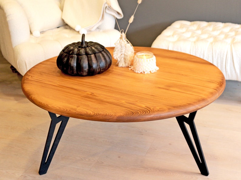 Round Coffee Table With Metal Legs , Handmade Solid Wood Coffee Table