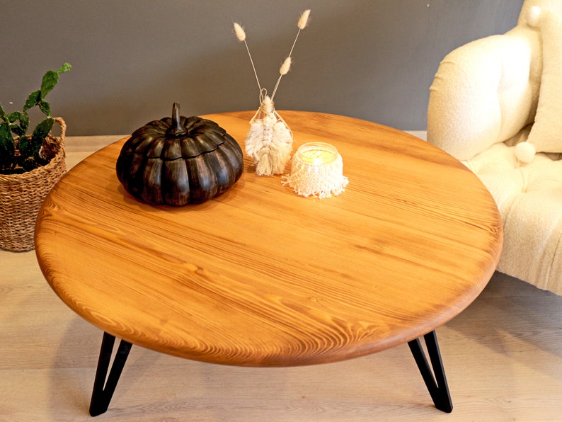 Round Coffee Table With Metal Legs , Handmade Solid Wood Coffee Table