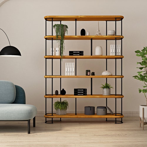 Mid Century Modern Bookcase Solid Wood Unique Bookshelf Etsy