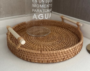 Handwoven Rattan Tray, Storage Tray with Wooden Handle, Knitted Basket Breat Food Fruit Plate, Cake Platter, Serving Tray, Handmade Rattan