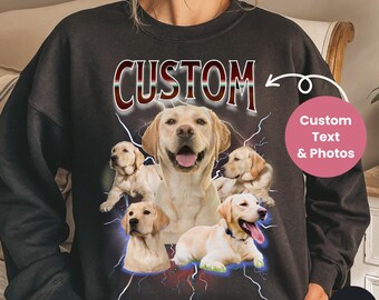 Może przedstawiać: Czarna bluza z nadrukiem przedstawiającym kilka labradorów w projekcie z błyskawicą. Tekst "CUSTOM" jest nadrukowany nad psami. Tekst "Custom Text & Photos" znajduje się w różowym kółku.