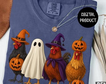 Halloween Chicken Squad PNG, Witch & Ghost Rooster, Pumpkin Jack O'Lantern, Farm Shirt Sublimation, Digital Download, High Res 300 DPI