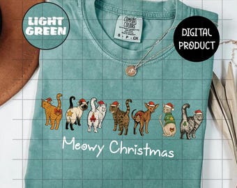 Meowy Christmas Cats PNG, Santa Hat Cat Shirt Sublimation, Digital Download Clipart, Holiday Kittens Graphic for Shirts