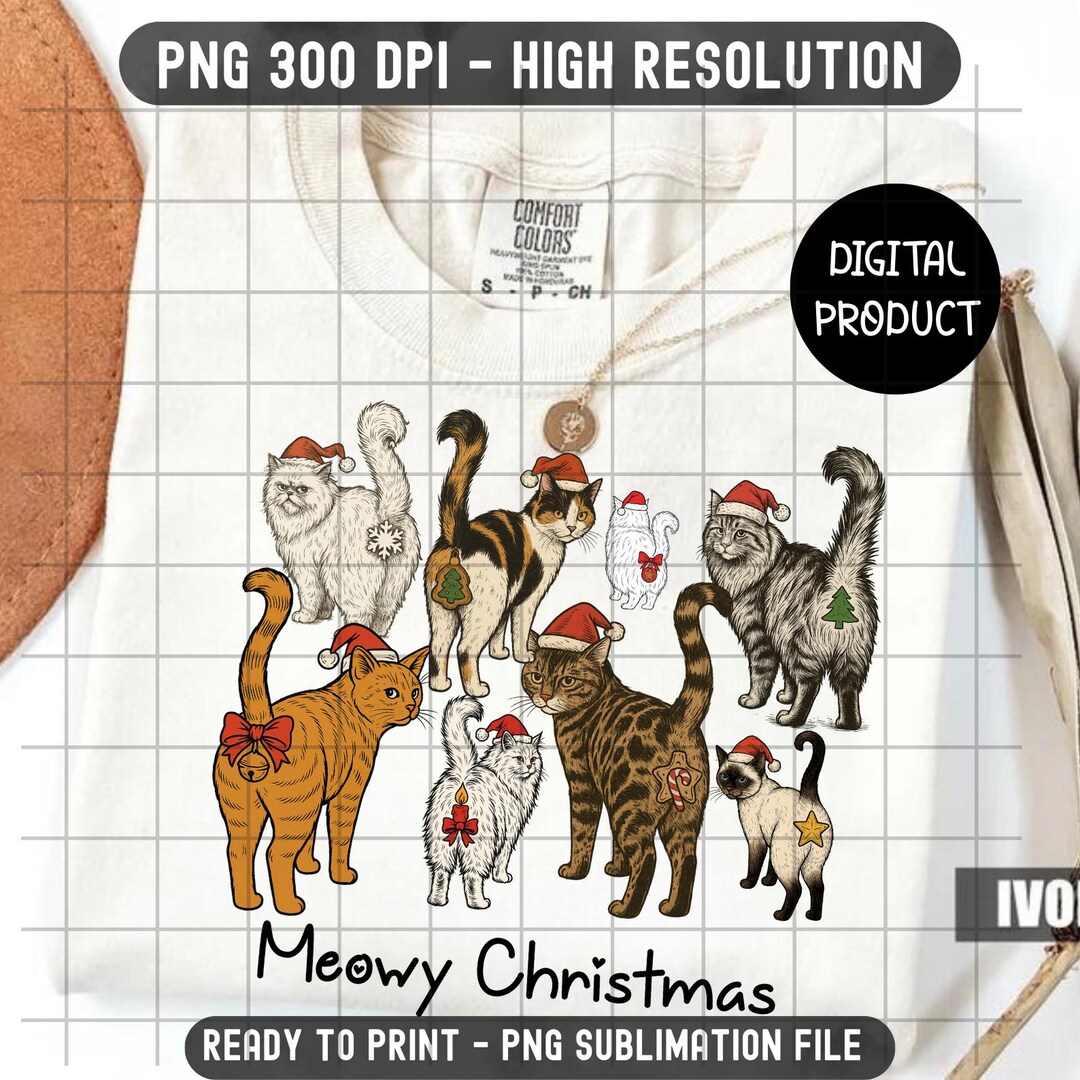 Meowy Christmas Cat PNG, Santa Hat Cats Clipart for Shirts, 300 DPI ...