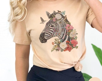 Boho Zebra Floral T-Shirt, Whimsical Animal Print Shirt, Artistic Zebra Tee, Vintage Wildflower Graphic, Nature Aesthetic T-Shirt Gift, N026