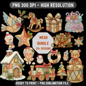 Puede incluir: Una colección de diseños digitales con temática navideña, que incluye un pájaro, un caballo balancín, una caja de regalo, un perro con regalos, un muñeco de nieve, una estrella, una casa, la Sra. Claus, Papá Noel, una corona, un pingüino, un oso de peluche, un tren, un árbol de Navidad y un tambor.