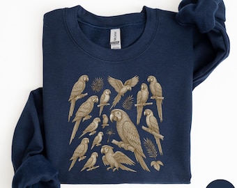 Sudadera con guacamayo adorable, Sudadera vintage con loros, Regalo para amantes de los guacamayos y cacatúas tropicales, Suéter con estampado botánico de palmeras, Camisa de estética retro M272