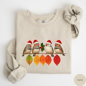Puede incluir: Una sudadera de color arena con un diseño festivo. Cuatro pájaros con gorros de Papá Noel están posados en una rama con hojas coloridas y acebo. La sudadera tiene mangas largas y cuello redondo.
