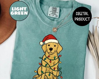 Golden Retriever Christmas PNG, kerstmuts hond met verlichting, hoge resolutie sublimatie ontwerp, vakantie hond clipart, feestelijke huisdier kunst