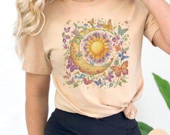 Mystic Moon And Sun Shirt, Celestial Wildflower Shirt,Bizzare Moon T-Shirt, Boho Vintage Moon Shirt, Celestial Moon Shirt, Spiritual T, N012