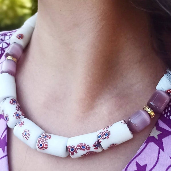 Jolie parure collier-bracelet de perles de verre et pâte de verre recyclé, perles vénitiennes