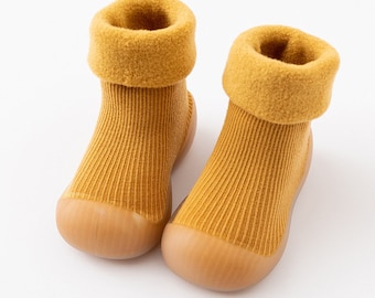 Yellow baby non-slip sock shoes | cute indoor outdoor slip on socks shoes | Baby girl boy warm rubber sole socks | mustard yellow