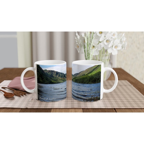 Glendalough, Wicklow, Ireland White 11oz Ceramic Mug, Upper Lake, Mountain, View, Ireland Landscape Print, Irish Themed cup