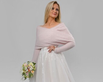 Powder pink Wedding Shawl with Sleeves: Bride Wrap - Elegant, Stylish and Modern Wedding Sweater. Scarf with arms, bridal bolero, cover up