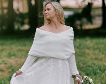 Wedding sweater, bridal shawl with sleeves, fluffy bridal bolero, wedding jacket, Knitted shrug for bride, Ivory Wedding cape -Pola