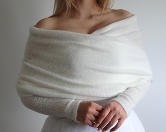 Wedding shawl with sleeves ivory, bridal cover up, stole, wrape, cape, ivory bolero sweater scarf, wedding jacket, shrug