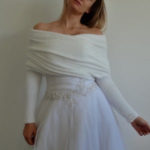 Braut Pullover Flauschiger Brautschal mit Ärmeln, gestrickter Bolero Shrug Elegante Hochzeitsjacke Stola Bild 1