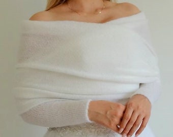 Hochzeitsschal mit Ärmeln: Weißer Braut-Wrap - Eleganter, stilvoller und moderner Hochzeitspullover. Weißer Schal mit Armen, Braut Bolero, vertuschen