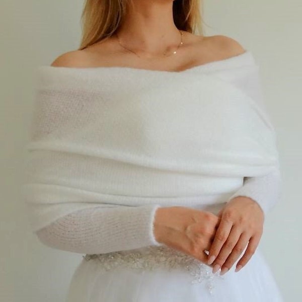 Wedding Shawl with Sleeves: White Bride Wrap - Elegant, Stylish and Modern Wedding Sweater. White scarf with arms, bridal bolero, cover up