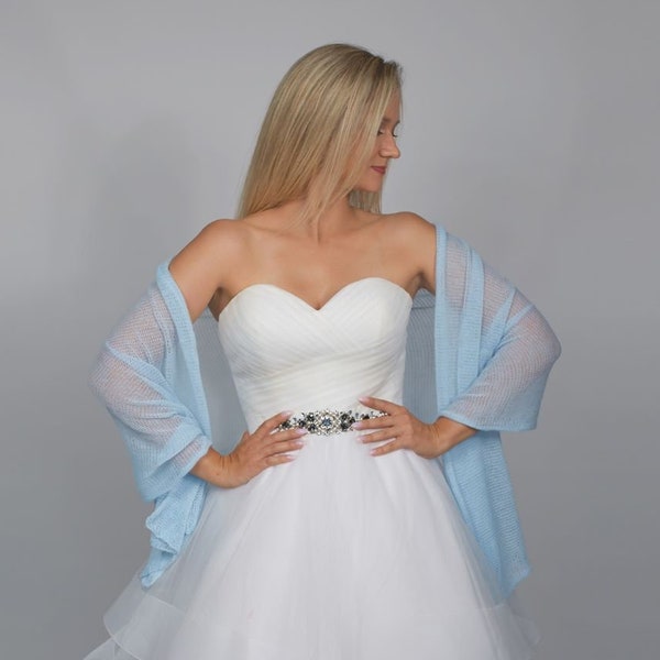 Wedding Shawl, Thin bridal Cape, Shrug Wrap Bolero for the Bride and bridesmaid, Hen Party Gift, blue openwork shawl