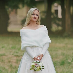Wedding sweater, bridal shawl with sleeves, fluffy bridal bolero, wedding jacket, Knitted shrug for bride, Ivory Wedding cape Pola image 2
